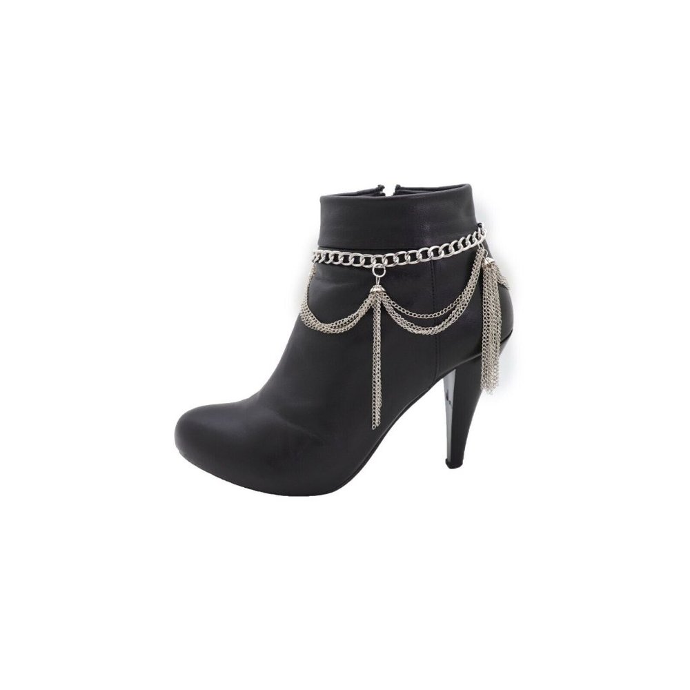 Women Silver Metal Chain Boot Bracelet Miami Beach Shoe Tassel Fringe Charms - Picture 7 of 12